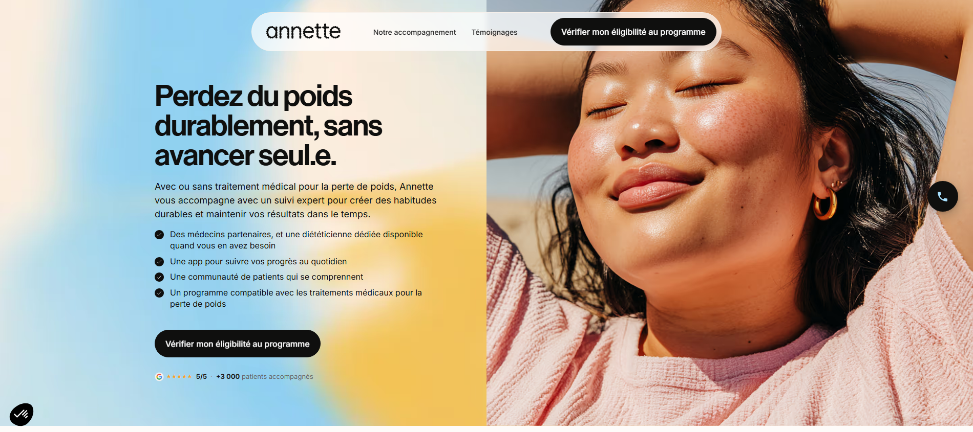 Page d'accueil d'Annette : accompagnement par une diététicienne dédiée et des médecins partenaires