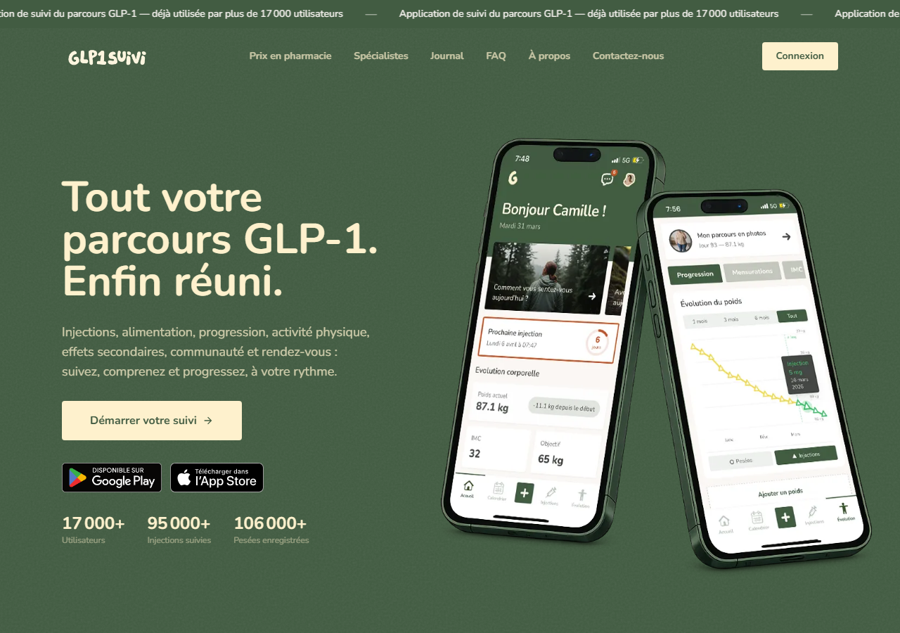 Aperçu de l'application GLP1Suivi : suivi des injections, du poids et de la progression